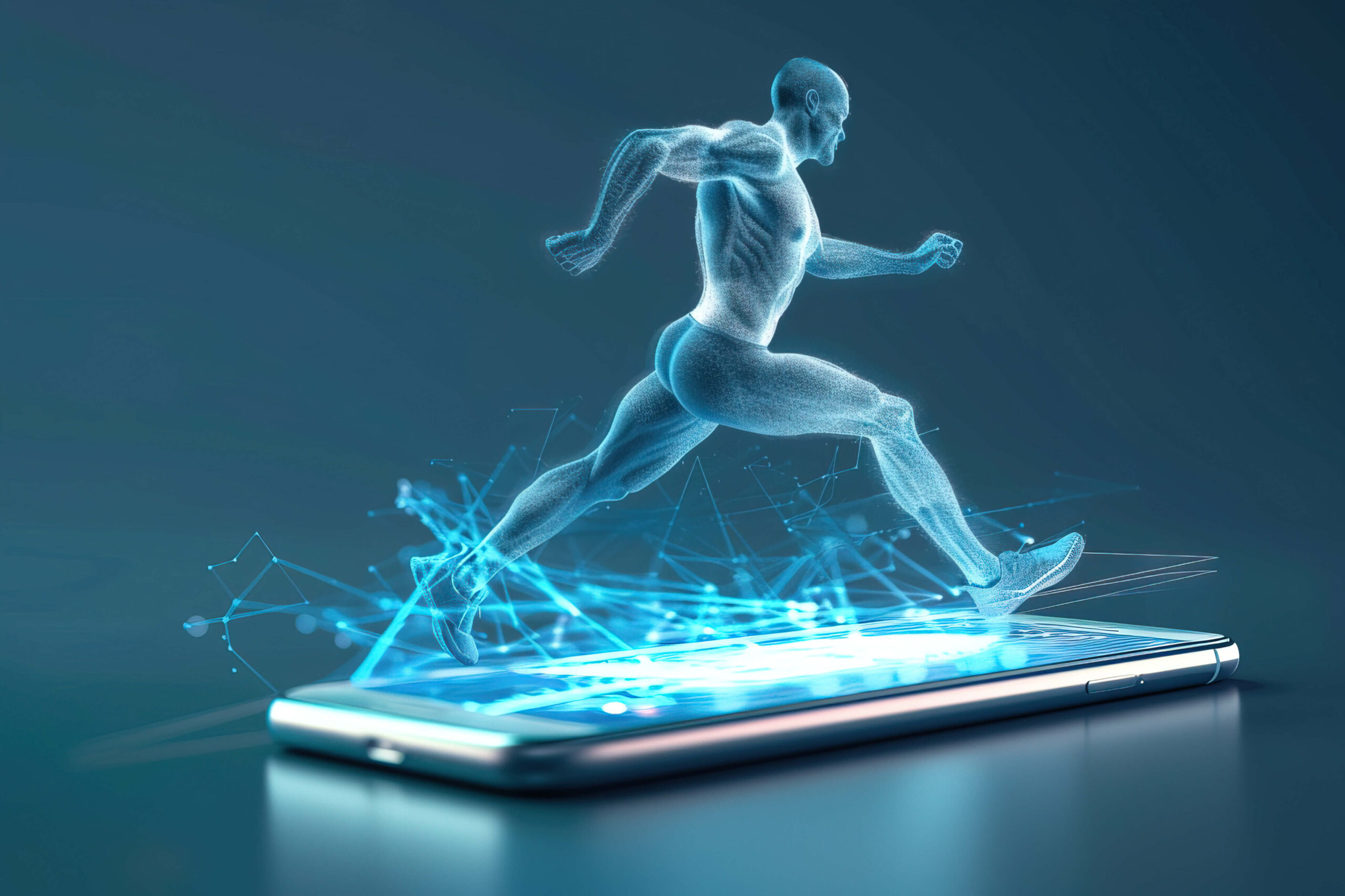 AI marketing in sports concept — digital athlete running out of a smartphone symbolizing technology, performance, and data-driven growth.